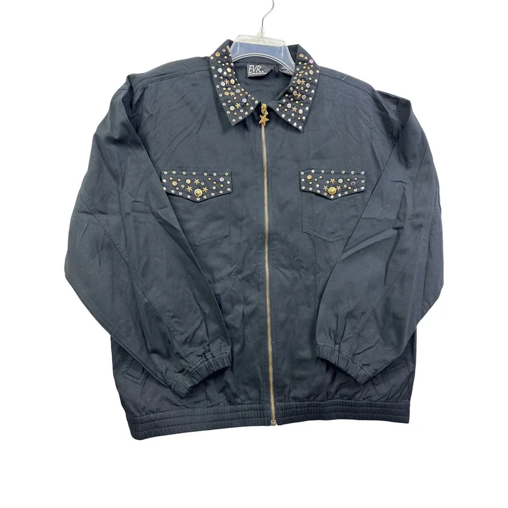 EVR Womens Black Studded Collar Zip Up Jacket‎ Star Charm Embellished Pockets XL